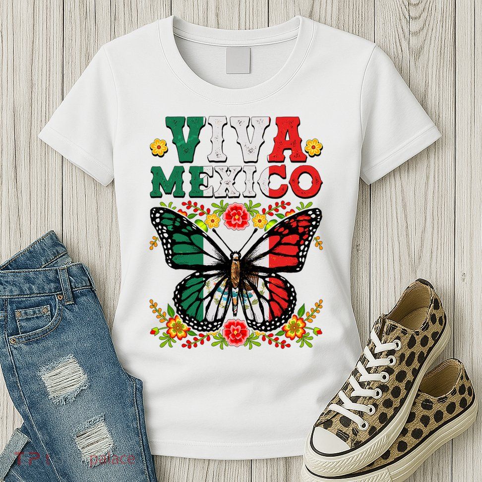 Viva Mexico Mexican Independence Day Butterfly Womens T-Shirt