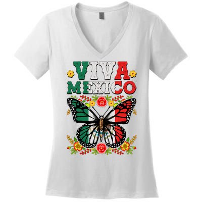 Viva Mexico Mexican Independence Day Butterfly Women's V-Neck T-Shirt