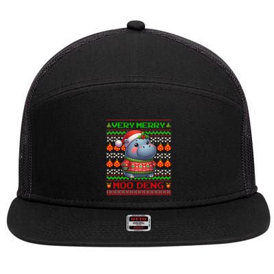 Very Merry Moo Deng Christmas Cute Hippo Moo Deng 7 Panel Mesh Trucker Snapback Hat