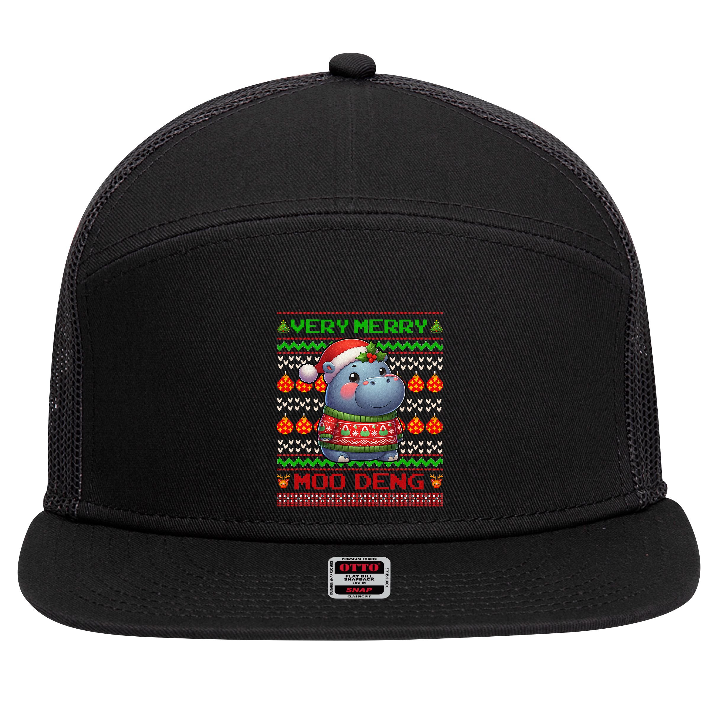 Very Merry Moo Deng Christmas Cute Hippo Moo Deng 7 Panel Mesh Trucker Snapback Hat