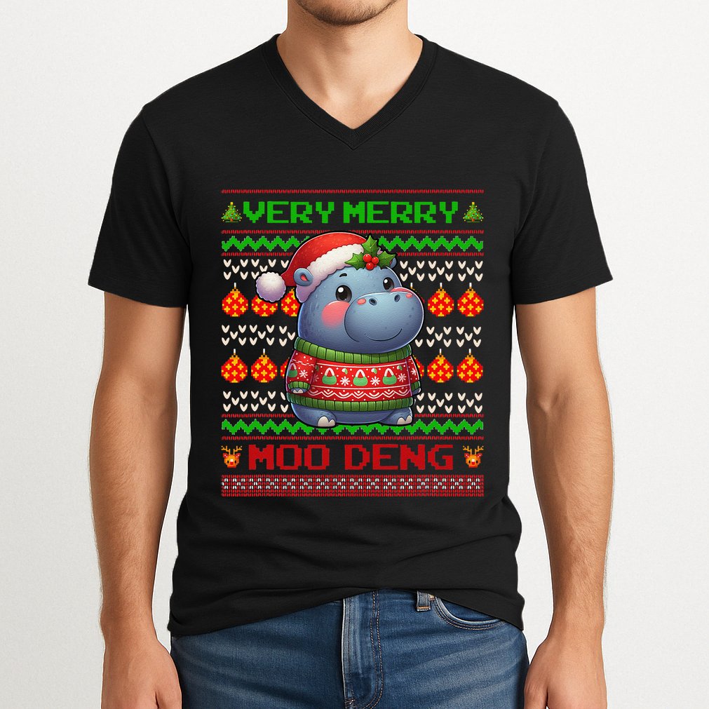 Very Merry Moo Deng Christmas Cute Hippo Moo Deng V-Neck T-Shirt