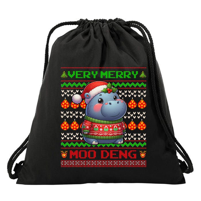 Very Merry Moo Deng Christmas Cute Hippo Moo Deng Drawstring Bag