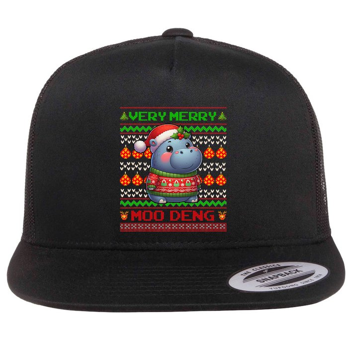 Very Merry Moo Deng Christmas Cute Hippo Moo Deng Flat Bill Trucker Hat
