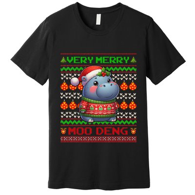 Very Merry Moo Deng Christmas Cute Hippo Moo Deng Premium T-Shirt