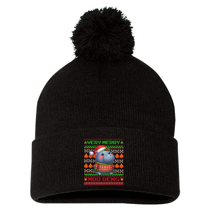 Very Merry Moo Deng Christmas Cute Hippo Moo Deng Pom Pom 12in Knit Beanie