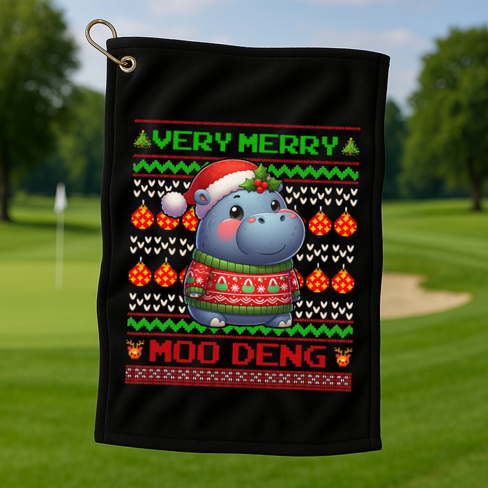 Very Merry Moo Deng Christmas Cute Hippo Moo Deng Golf Towel