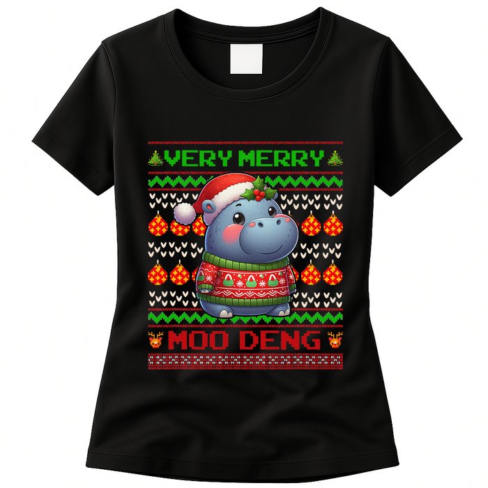 Very Merry Moo Deng Christmas Cute Hippo Moo Deng Womens T-Shirt