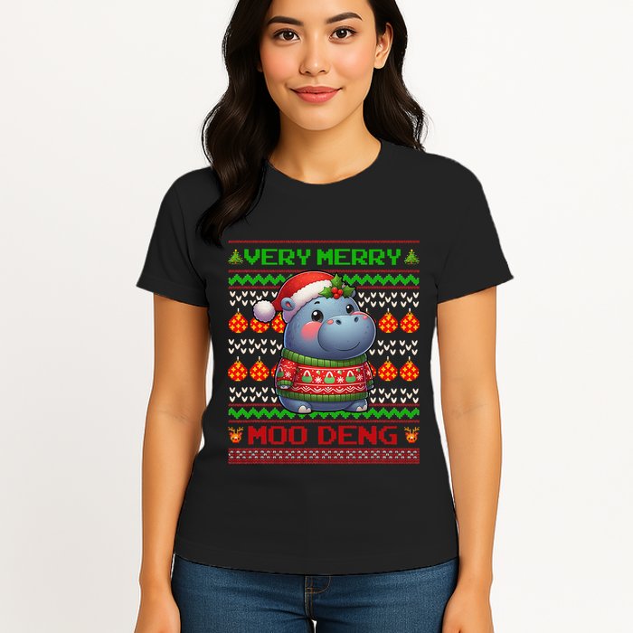 Very Merry Moo Deng Christmas Cute Hippo Moo Deng Womens T-Shirt