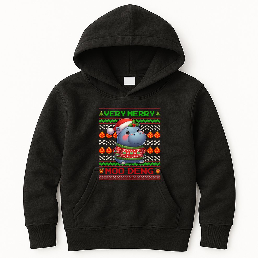 Very Merry Moo Deng Christmas Cute Hippo Moo Deng Kids Hoodie