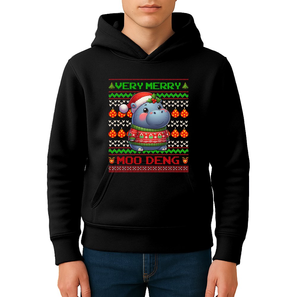 Very Merry Moo Deng Christmas Cute Hippo Moo Deng Kids Hoodie