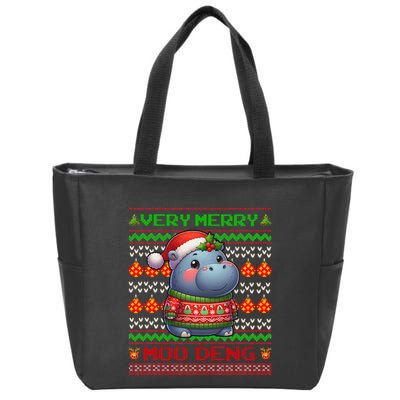 Very Merry Moo Deng Christmas Cute Hippo Moo Deng Zip Tote Bag