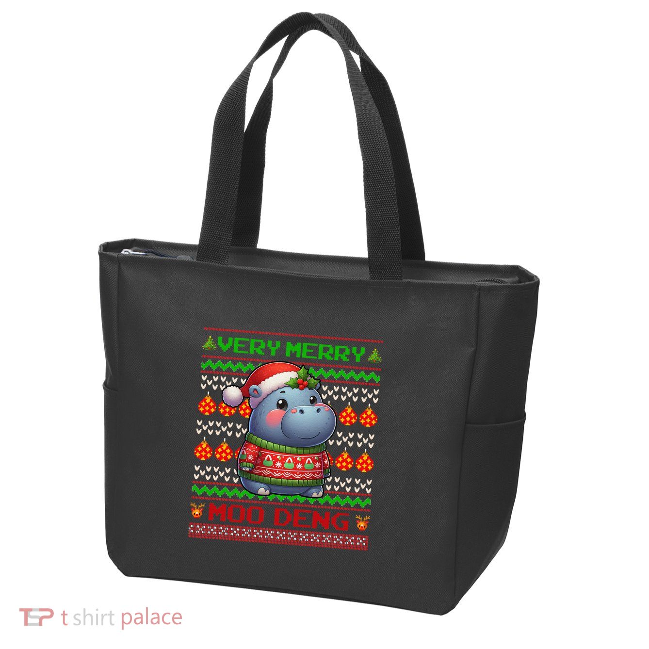 Very Merry Moo Deng Christmas Cute Hippo Moo Deng Zip Tote Bag