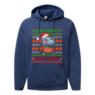 Very Merry Moo Deng Christmas Cute Hippo Moo Deng Performance Fleece Hoodie