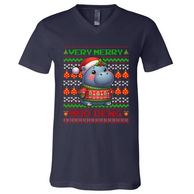 Very Merry Moo Deng Christmas Cute Hippo Moo Deng V-Neck T-Shirt