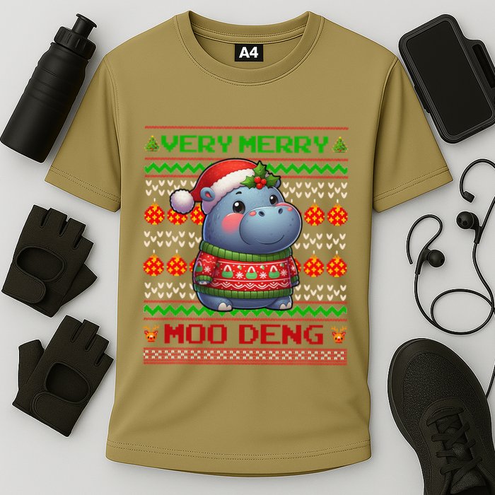 Very Merry Moo Deng Christmas Cute Hippo Moo Deng Cooling Performance Crew T-Shirt