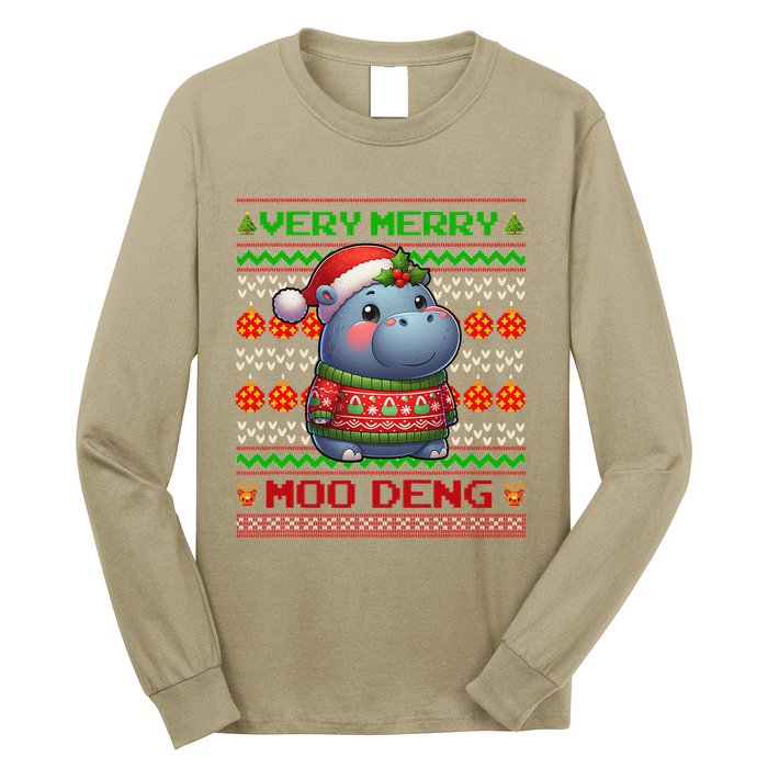 Very Merry Moo Deng Christmas Cute Hippo Moo Deng Long Sleeve Shirt