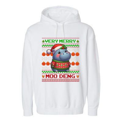 Very Merry Moo Deng Christmas Cute Hippo Moo Deng Garment-Dyed Fleece Hoodie