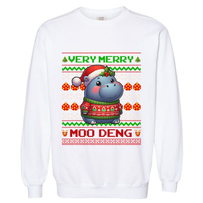 Very Merry Moo Deng Christmas Cute Hippo Moo Deng Garment-Dyed Sweatshirt