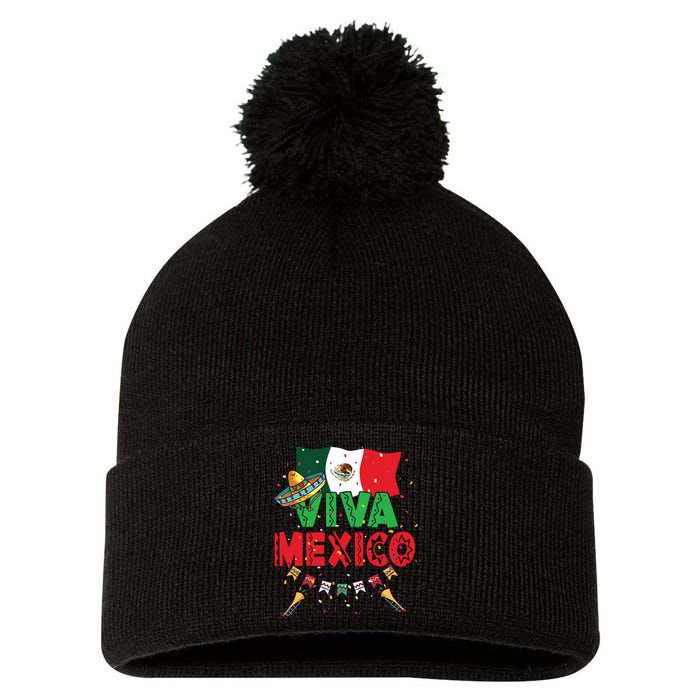 Viva Mexico Mexican Independence Day Independencia De Mexico Pom Pom 12in Knit Beanie