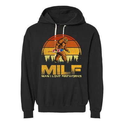 Vintage MILF Man I Love Fireworks Bigfoot Happy 4th Of July Garment-Dyed Fleece Hoodie