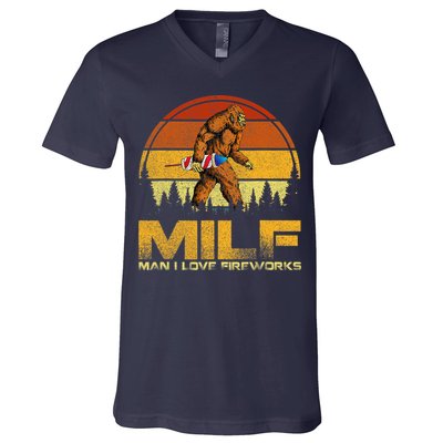 Vintage MILF Man I Love Fireworks Bigfoot Happy 4th Of July V-Neck T-Shirt