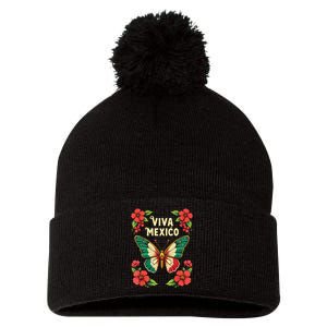 Viva Mexico Mexican Independence Day Butterfly Mexico Pom Pom 12in Knit Beanie