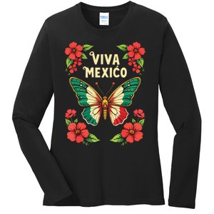 Viva Mexico Mexican Independence Day Butterfly Mexico Ladies Long Sleeve Shirt