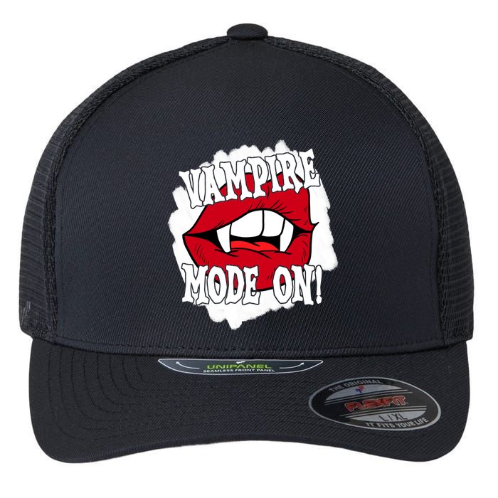 Vampire Mode On Fangs Lips Halloween Flexfit Unipanel Trucker Cap