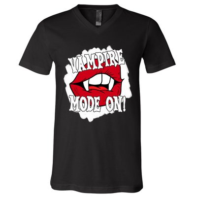 Vampire Mode On Fangs Lips Halloween V-Neck T-Shirt