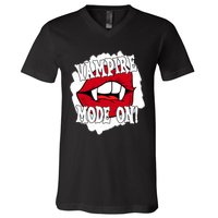 Vampire Mode On Fangs Lips Halloween V-Neck T-Shirt
