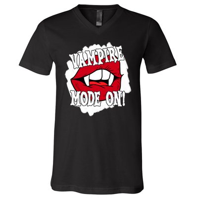 Vampire Mode On Fangs Lips Halloween V-Neck T-Shirt