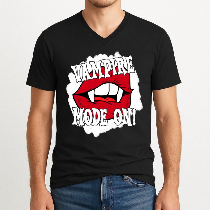 Vampire Mode On Fangs Lips Halloween V-Neck T-Shirt