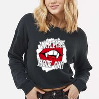 Vampire Mode On Fangs Lips Halloween Cropped Pullover Crew