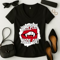 Vampire Mode On Fangs Lips Halloween Women's V-Neck T-Shirt