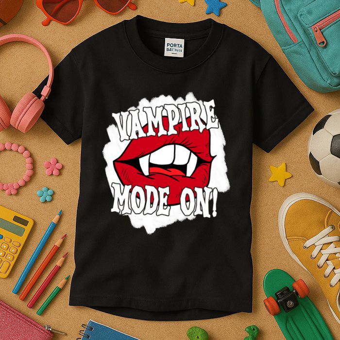 Vampire Mode On Fangs Lips Halloween Kids T-Shirt