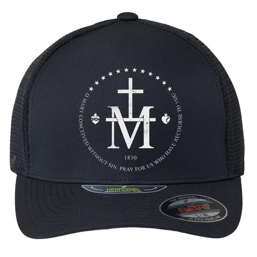 Virgin Mary Of Miraculous Medal Our Lady Marian Cross Flexfit Unipanel Trucker Cap