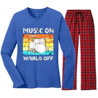 Vintage Music On World Off Drum Set Music Lover Meaningful Gift Women's Long Sleeve Flannel Pajama Set 