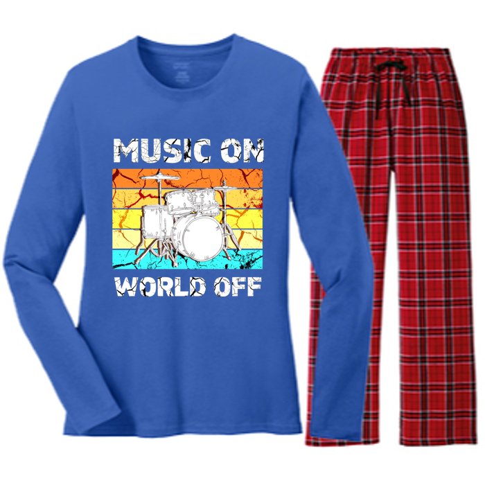 Vintage Music On World Off Drum Set Music Lover Meaningful Gift Women's Long Sleeve Flannel Pajama Set 