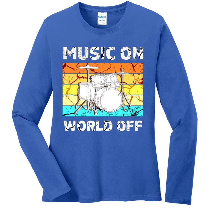 Vintage Music On World Off Drum Set Music Lover Meaningful Gift Ladies Long Sleeve Shirt