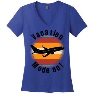 Vacation Mode On Vintage Sunset Airplane Travel Design Gift Women's V-Neck T-Shirt