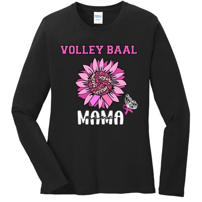 Volleyball Mom Pink Ribbon Breast Cancer Awareness Fighters Ladies Long Sleeve Shirt