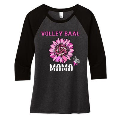 Volleyball Mom Pink Ribbon Breast Cancer Awareness Fighters Women's Tri-Blend 3/4-Sleeve Raglan Shirt