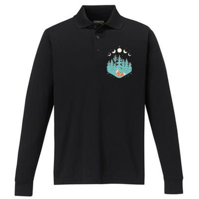 Vintage Moon Phases Forest Fox Performance Long Sleeve Polo