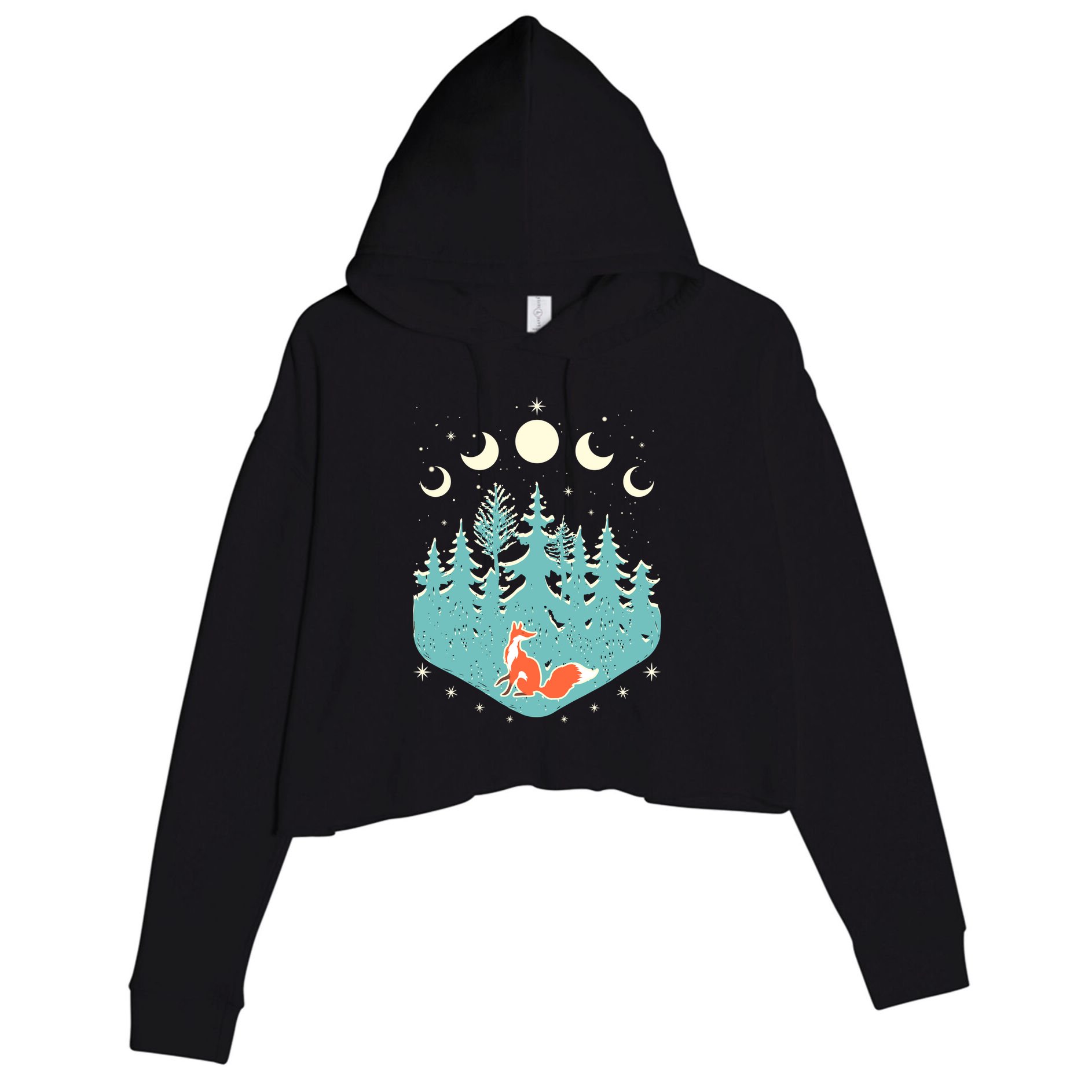 Vintage Moon Phases Forest Fox Crop Fleece Hoodie