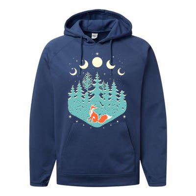 Vintage Moon Phases Forest Fox Performance Fleece Hoodie