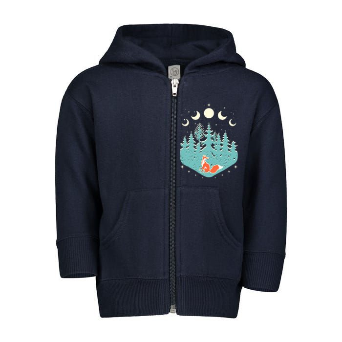 Vintage Moon Phases Forest Fox Toddler Zip Fleece Hoodie