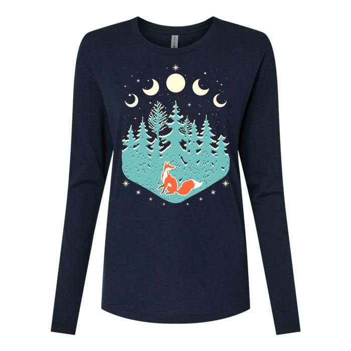 Vintage Moon Phases Forest Fox Womens Cotton Relaxed Long Sleeve T-Shirt