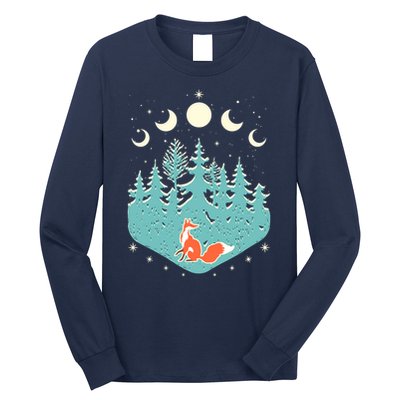 Vintage Moon Phases Forest Fox Long Sleeve Shirt