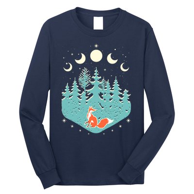 Vintage Moon Phases Forest Fox Long Sleeve Shirt