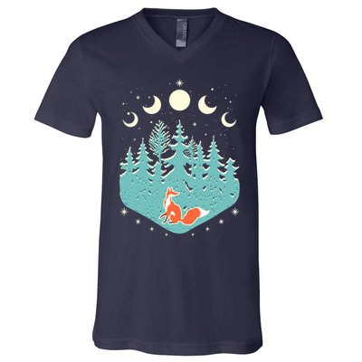 Vintage Moon Phases Forest Fox V-Neck T-Shirt